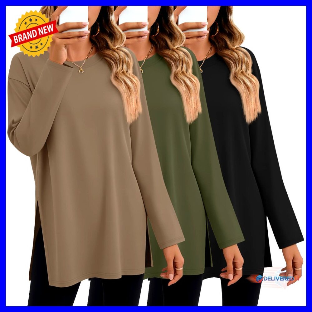 Oversized Long Sleeve Cotton Tees 3 Pack Workout Gym Tops Side Split